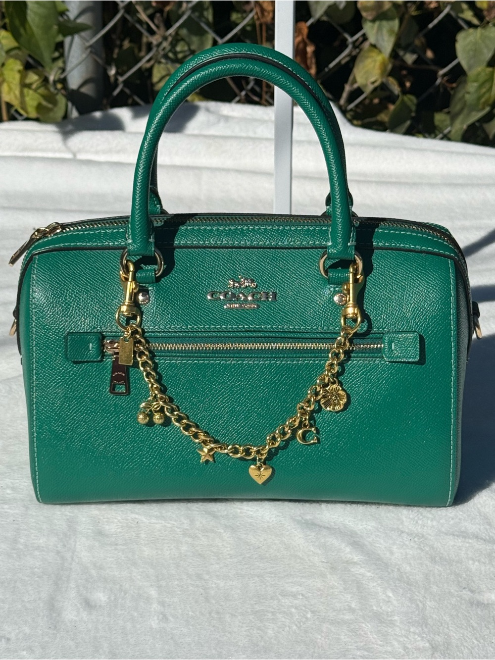 Coach Emerald Green Leather Medium Rowan with Gold Charm Chain.